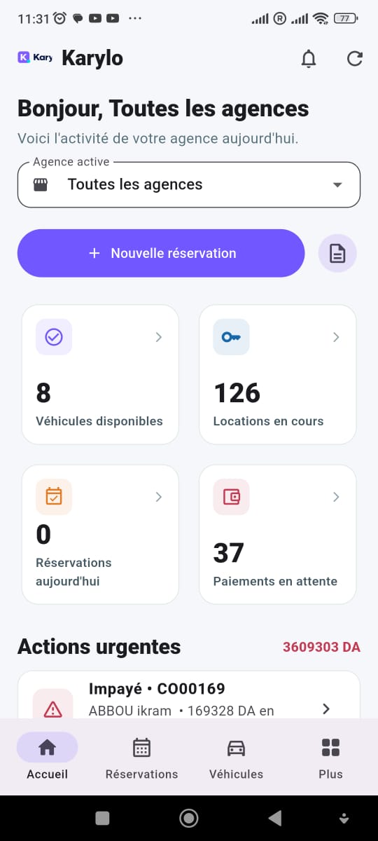 Tableau de bord de l’application mobile Karylo